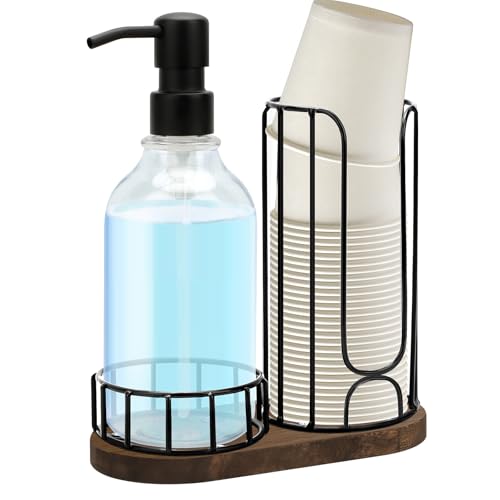 Country-Style Bathroom Cup Holder with 17 oz Reusable Mouthwash Dispenser, 2-Compartment 3oz Disposable Mouthwash Cup Storage Rack, Iron Bathroom Accessories - size: L