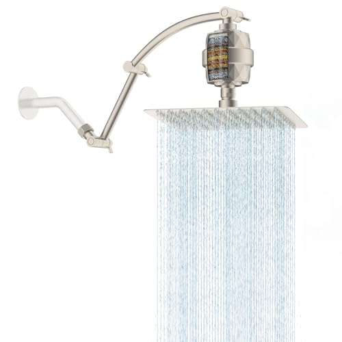 Hibbent 10'' Filtered Rain Shower Head, 16'' Extension Arm, Brushed Nickel | High Pressure Rainfall Showerhead, Brass Adjustable Shower Head Extension Arm, 20 Stage Shower Filter, Fixed Showerheads - color: Brushed Nickel, style: Square 10'' with Filter