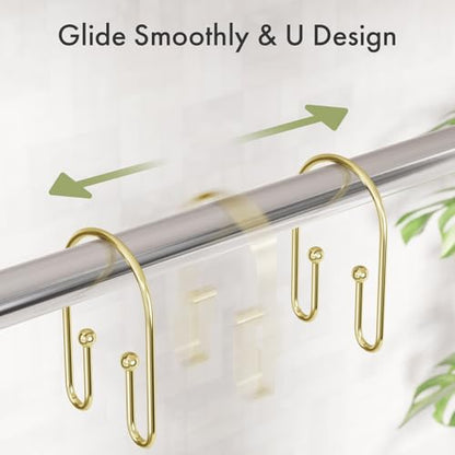 AmazerBath Shower Curtain Hooks, Gold Shower Curtain Hooks Rust Proof, Non-Slip Simple Double Hook Shower Curtain Hooks for Shower Curtain, Sturdy Shower Curtain Rings, 12Pcs - color: Gold, style: Minimalist
