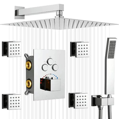 Full Body Shower System with 4PCS Body Jets Thermostatic 12 Inch Wall Mounted Shower Faucet Set Fixtures Complete with Valve Kit, Can Use All Function At Once Chrome - color: Chrome