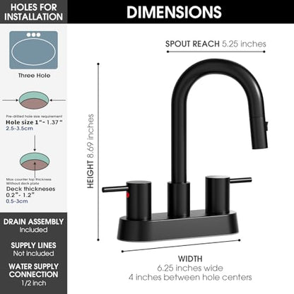 Stainless Steel Matte Black Bathroom Faucet with Pull Out Sprayer, Black Dual-Function Spout Bathroom Sink Faucet, 4 Inch Two Handle Utility Sink Faucet with Sprayer 3 Hole, Pet Shower, RVs - color: Matte Black
