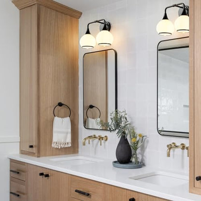Black Bathroom Light Fixtures 2 Lights Vanity Lights with Milky White Frosted Glass Shade Bathroom Vanity Light 14 inch Wall Sconce Lighting Bath(Exclude E26 Bulb) - color: Black, size: 2 Light