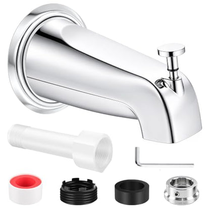 Universal Polished Chrome Tub Spout with Diverter, Metal Cover and Adapter | Pull Down Bathroom Tub Faucet Replacement, for 1/2" Copper Pipe, 1/2" IPS & 3/4" IPS threaded, Bathtub Spout with Hex Wrench - color: Chrome