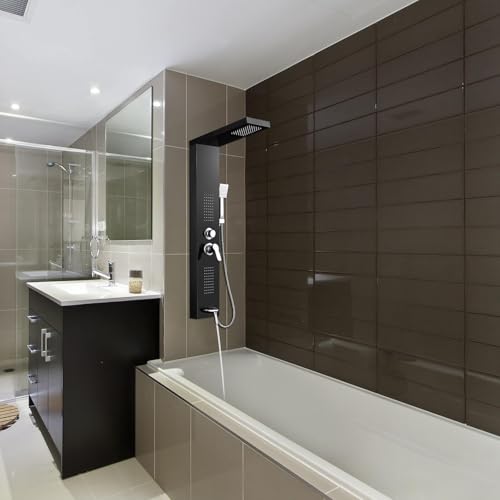 ROVOGO Shower Panel Tower System with 4 Shower Modes, 46.5", No Led Lights | Rainfall Shower Head, 2 Body Jets, Handheld and Tub Spout, Stainless Steel Shower Column with Brass Mixing Valve, Black - color: Black-no led