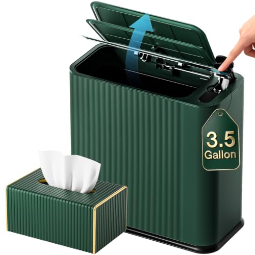 Bathroom Trash Can with Lid and Tissue Box Cover Set 13 L/ 3.5 Gallon Dark Green Trash Can with Pop-Up Lid Small Garbage Can for Bathroom Bedroom Office Kitchen - color: Dark Green & Gold
