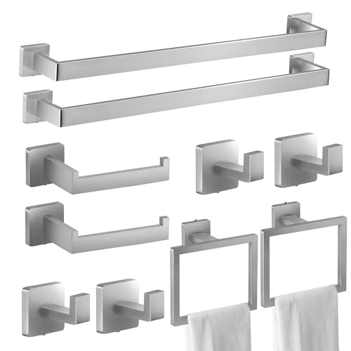 Brushed Nickel Bathroom Hardware Set 10 Pieces Includs 2pcs 24 inch Towel bar, 2pcs Towel Ring, 2pcs Toilet Paper Holder, 4pcs Towel Hook (Brushed-10PCS-24Inch)