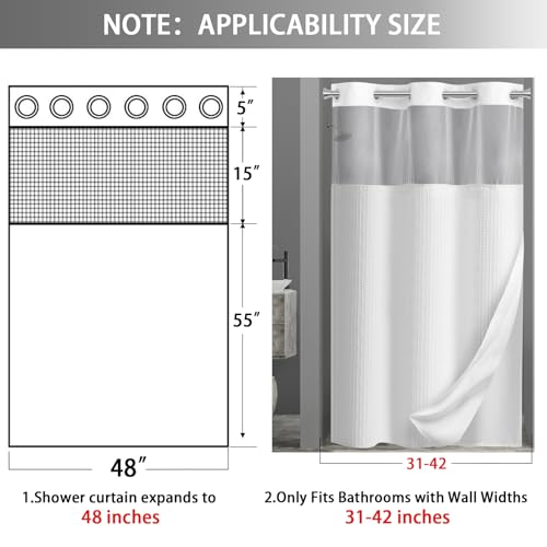 No Hook Shower Curtain with Liner Set Hotel Waffle Curtain White 48W X 75L | Washable Snap in Fabric Liner, Mesh Top Window, Waffle Hotel Style Shower Curtain Set - color: White, size: Small Stall 48"W x 75"L