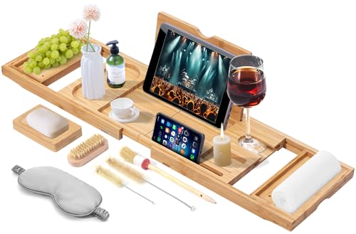 Bathtub Tray, Bamboo Bath Tray for Tub, Expandable Bath Tray with Bamboo Book Stand, Soap Tray, Bathtub & Bathroom Accessories Perfect for Home Spa, Natural Colour