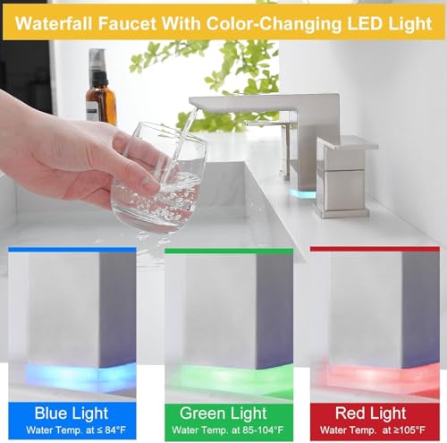 BESy LED Brushed Nickel Square Bathroom Faucets 3 Hole Waterfall 8 Inch Widespread with 3 Colors Light Changing Sink Faucet with Pop-up Drain and Supply Lines 2 Handles for Vanity, Lavatory, Restroom - color: Brushed Nickel