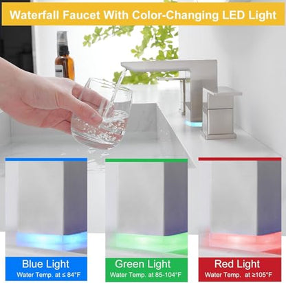 BESy LED Brushed Nickel Square Bathroom Faucets 3 Hole Waterfall 8 Inch Widespread with 3 Colors Light Changing Sink Faucet with Pop-up Drain and Supply Lines 2 Handles for Vanity, Lavatory, Restroom - color: Brushed Nickel