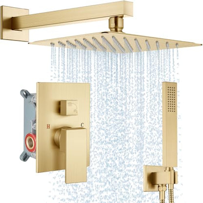 Midanya Shower Faucet Set with Handheld Sprayer,12 Inch,Brushed Gold | Rough-in Shower Valve and Trim Kit Included,Square Rain Head,Wall Mount Shower System,All Metal,Bathroom - color: Gold, size: 12 Inch