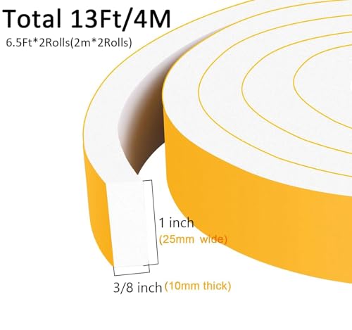 Thick Foam Tape, Strong Adhesive 1inch Weather Strip for Large Gaps | Blocks Drafts, Dust, Noise & Vibration, Heavy Duty High Density Foam Insulation, Single-Sided Adhesive, Removable, No Residue - color: White, size: 1 In x 3/8 In x 13Ft