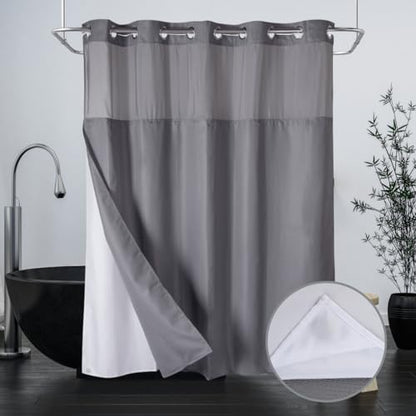 Extra Long 71x79 Gray Waffle Fabric Hook Free Shower Curtain with Removable Polyester Liner–Heavy Weight - color: Grey, size: 71"W x 79"L (Pack of 1)