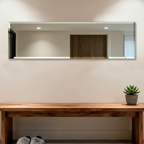 Ruomeng Frameless Full Length Mirror for Wall, 48x12 Inch Bathroom Vanity Mirror Farmhouse, Large Rectangle Mirror with Beveled Edge, Tempered Glass, Hangs Horizontally or Vertically - size: 48"L x 12"W