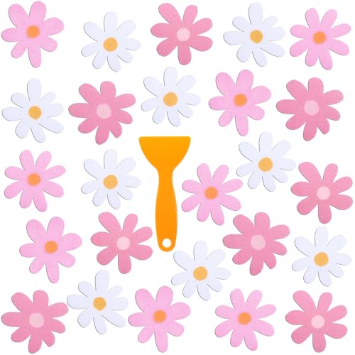 24 Pcs Non Slip Bathtub Stickers, Flower, Pink | Anti Slip Grip for Shower Floor, Self Adhesive Treads with Scraper Tool, Daisy Appliques Decals for Bathroom Safety - color: Pink, style: Flower