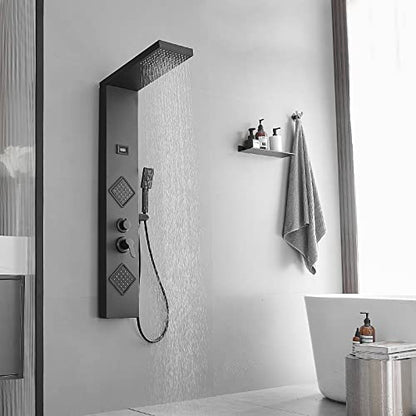 Shower Panel Shower Tower System, Stainless Steel with Massage Body Jets Adjustable, Stand Shower Column Wall Mount, Black