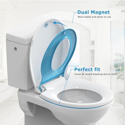 19" Elongated Potty Training Toilet Seat, Built-In Soft Quiet-Close Lid with Magnetic Blue Kids Seat and Non-Slip Design, Easy to Install and Clean - color: Blue, with Toddler Seat, size: Elongated (19″)