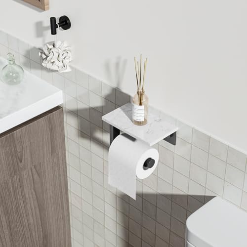Matte Black Toilet Paper Holder with Marble Shelf Tissue Roll Holder | 304 Stainless Steel Wall Mounted Toilet Paper Roll Holder Screw-Mounted Tissue Holder for Bathroom Washroom by BATHLAVISH - color: Matte Black