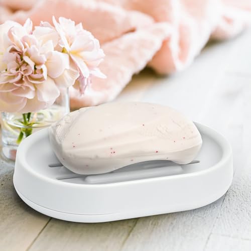 Topsky 2 Pack Soap Dish for Shower, Sink, Bathtub, Oval Plastic White Soap Bar Holder with Drain, Easy to Clean, Durable - color: White.