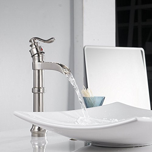 Bathroom Sink Faucet Brushed Nickel Vessel Sink Faucet | Waterfall Spout,Single Handle 1 Hole, Deck Mount ,Tall Faucet for Bowl Lavatory Sink,with Supply Hose - color: Brushed Nickel