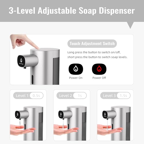 Automatic Liquid Soap Dispenser Touchless, USB Rechargeable Smart Hand Soap Dispenser, 13.5oz/400ml, 3-Level Adjustable, Compatible with Thick Thin Dish Soap for Bathroom Kitchen, Clog-Free (Silver) - color: Silver