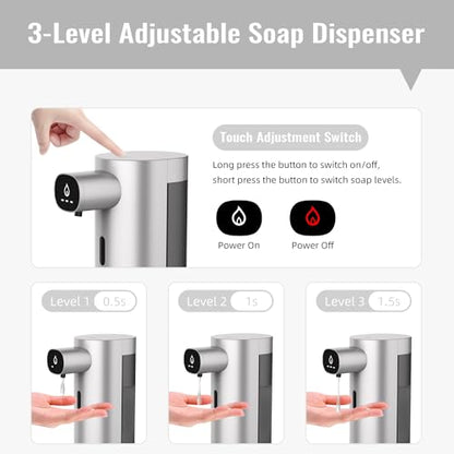 Automatic Liquid Soap Dispenser Touchless, USB Rechargeable Smart Hand Soap Dispenser, 13.5oz/400ml, 3-Level Adjustable, Compatible with Thick Thin Dish Soap for Bathroom Kitchen, Clog-Free (Silver) - color: Silver