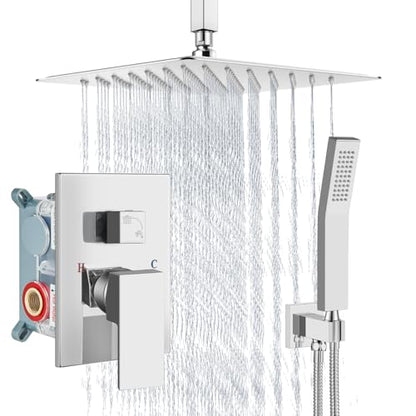 Aolemi Ceiling Mount Shower System Rain Shower Head with Handheld Spray High Pressure Shower Faucet Set Rough-in Valve Shower Trim Kit Included Bathroom Polish Chrome 10 Inch Ceiling Shower Head - color: Chrome, size: 10 Inch Ceiling Shower Head
