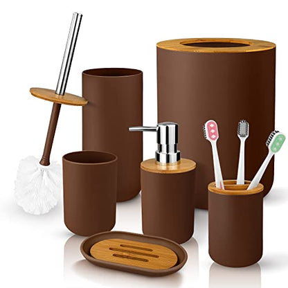 Bathroom Accessory Set, 6 Pcs Bathroom Essential Includes Toothbrush Holder, Toilet Brush with Soap Dispenser, Toothbrush Cup, Soap Dish, Trash Can (Brown, Bamboo) - style: Brown