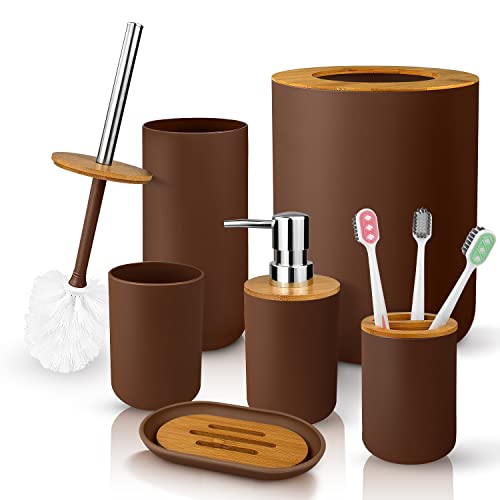 Bathroom Accessory Set, 6 Pcs Bathroom Essential Includes Toothbrush Holder, Toilet Brush with Soap Dispenser, Toothbrush Cup, Soap Dish, Trash Can (Brown, Bamboo) - style: Brown