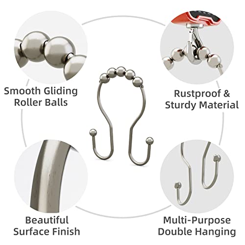 Shower Curtain Hooks Brushed Nickel Shower Curtain Rings Rust Proof, Bathway Balanced Smooth Glide Double Shower Curtain Hooks, Sturdy Shower Hooks for Shower Curtain 12 Pcs Shower Rod Hooks - color: Nickel