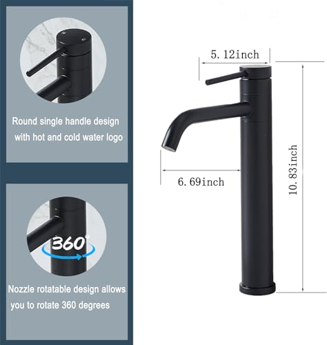 Hotis Vessel Sink Faucet Black, Tall Bathroom Faucet for Sink 1 Hole, 360 Swivel Body Single Handle Faucet for Bath Sink, Mixer Spout Stainless Steel Bathroom Faucets with Pop Up Drain - color: Black