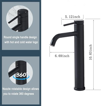 Hotis Vessel Sink Faucet Black, Tall Bathroom Faucet for Sink 1 Hole, 360 Swivel Body Single Handle Faucet for Bath Sink, Mixer Spout Stainless Steel Bathroom Faucets with Pop Up Drain - color: Black