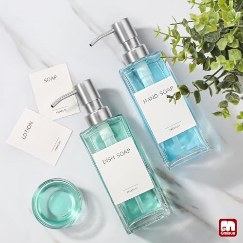 GMISUN Glass Soap Dispenser with Stainless Steel Pump, Clear Hand Soap Dispenser for Bathroom, 12 fl oz/350ml Hand and Dish Soap Dispensers Set for Kitchen, Refillable Liquid Soap and Lotion Bottle - color: Clear Bottle + Sliver Pump
