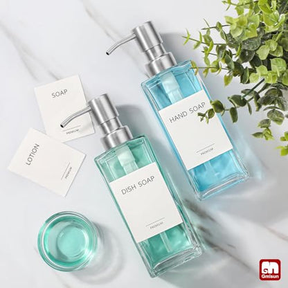 GMISUN Glass Soap Dispenser with Stainless Steel Pump, Clear Hand Soap Dispenser for Bathroom, 12 fl oz/350ml Hand and Dish Soap Dispensers Set for Kitchen, Refillable Liquid Soap and Lotion Bottle - color: Clear Bottle + Sliver Pump