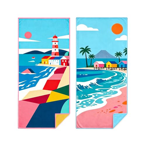 Beach Towels Oversized Abstract Art Quick Dry Microfiber | Lighthouse Beach Scene Print, 35x70 Inch, Highly Absorbent Soft Touch, for Pool Bathroom Outdoor Use, Set of 2 - color: House