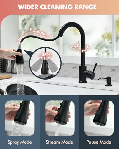 VFAUOSIT Kitchen Faucet with Pull Down Sprayer and Soap Dispenser, Black | 3 Spray Modes, 19.5-Inch Pull-Out Hose, 360° Swivel, cUPC/CEC Certified, SUS304 Steel, 15-Minute DIY Installation - color: Matte Black-06