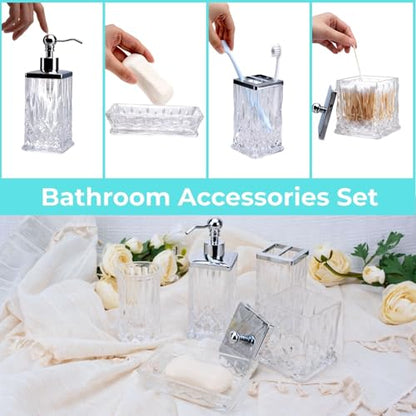 Clear Bathroom Accessories, Square Thick Glass & Metal Pump | Beautiful & weight, 5 pcs soap dispenser, toothbrush holder, soap dish, tumbler & jar, for mission/amish style - style: Square(Clear)