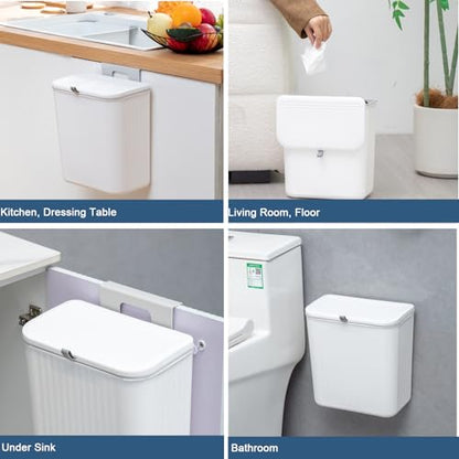 Kitchen Compost Bin Cabinet Hanging Small Trash Can with Lid 2.4 Gallon | Food Waste Bin for Counter Top Under Sink Rv Wall Mounted Bathroom Trash Can - color: white
