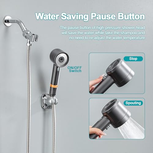 Shower Head with Handheld, High Pressure Shower HeadS with Pause Switch 4 Spray Modes Filter Showerhead with 79 in Hose, Adhesive Wall Mount，Bracket and Replace Filter (Grey)