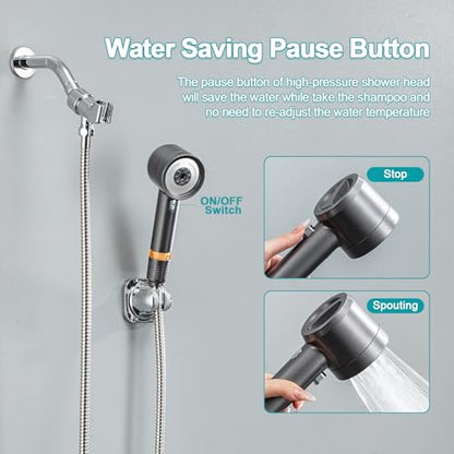 Shower Head with Handheld, High Pressure Shower HeadS with Pause Switch 4 Spray Modes Filter Showerhead with 79 in Hose, Adhesive Wall Mount，Bracket and Replace Filter (Grey)
