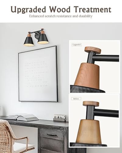 FEMILA Modern 2 Light Bathroom Vanity Lights, Industrial Bathroom Light Fixtures Over Mirror, Black Vanity Lighting Fixtures, Woodgrain Finish, 4FG59B-2W BK-NW - color: Matte Black & New Woodgrain, size: 15"