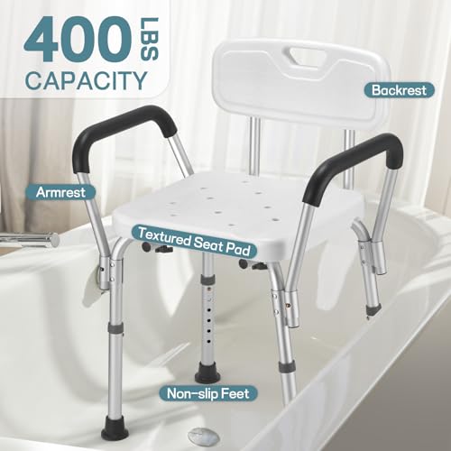 Heavy Duty Shower Chair for Elderly & Disabled with Padded Armrests & Back | Tool-free assembly adjustable height shower seat for inside shower. Provides secure, comfortable support for handicap adults