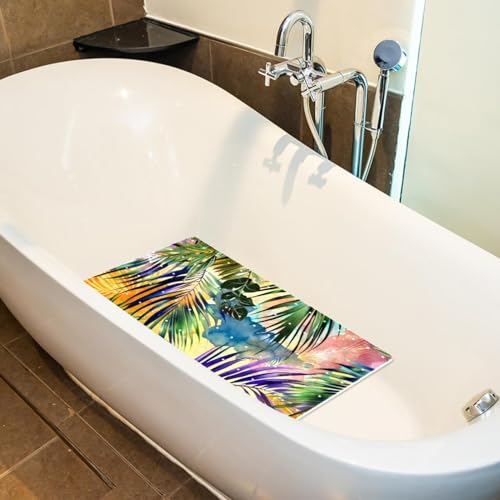 Watercolor Seamless Tropical Leaves Pattern Bath Tub and Shower Mats, Non Slip Bathmat with Drain Holes and Suction Cups for Bathroom Floor, 15.1 x 26.8 Inch - color: Multi 08