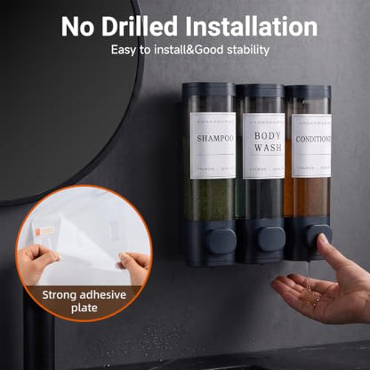 Shampoo and Conditioner Dispenser,Shower Soap Dispenser 3 Chamber No Drill Wall-Mounted for Bathroom & Hotel Leak-Proof Pumps, for Thick Liquids Like Conditioner - 1050ML High Capacity, Dark Blue - color: Dark Blue