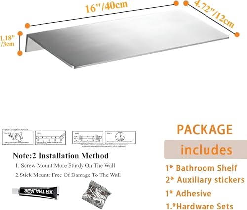 15.74 Inch Stainless Steel Floating Shelf Organiser Wall Mounted Bathroom Shelf Shower Caddy Brushed Nickel Finish Simple Style Kitchen Shelf - color: Brushed Nickel, size: 15.74 Inch