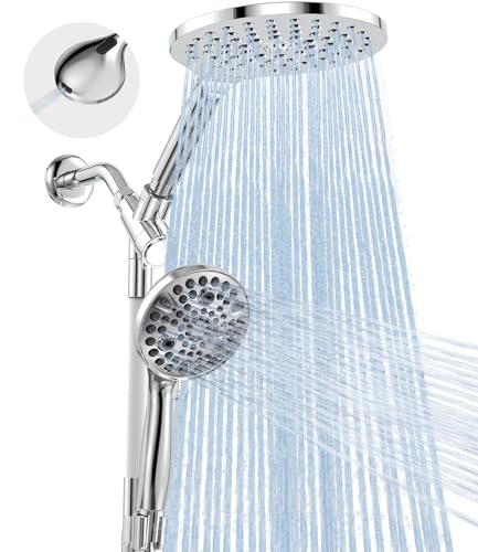 MakeFit Dual Handheld Shower Head Combo, 2-in-1 Rain Shower Heads System 8 Inch Rainfall Shower Head and 10 Modes High Pressure Hand Held Showerhead with Built-in Power Wash - color: Chrome, size: 8 Inch Standard