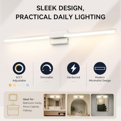 SOLFART Bathroom Lights Over Mirror 40-Inch: Brushed Nickel 5CCT Dimmable Bathroom Vanity Light, Solid Frosted Acrylic, Built-in Dimmer, 360 Degree Rotation, ETL IP44 - color: Brushed Nickel-5CCT, 5-Step Brightness Control, size: 40 inch