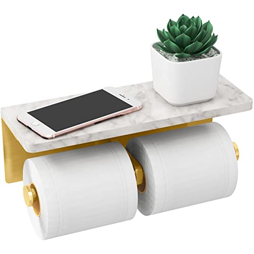Gypie Brushed Gold Toilet Paper Holder with Marble Shelf, Double Rolls | Toilet Paper Holder with Storage, Toilet Paper Wall Mount for Bathroom Washroom - color: Gold Double