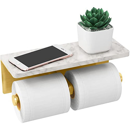 Gypie Brushed Gold Toilet Paper Holder with Marble Shelf, Double Rolls | Toilet Paper Holder with Storage, Toilet Paper Wall Mount for Bathroom Washroom - color: Gold Double