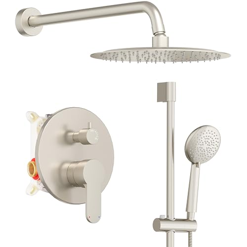 Gabrylly Shower System, Slide Bar Shower Faucet Set, 12", Brushed Nickel | Rainfall Shower Head with 5-Setting Handheld Spray, Wall Mounted Shower Set Included 2-Way Shower Valve and Trim Kit - color: Brushed Nickel, size: 12 Inch
